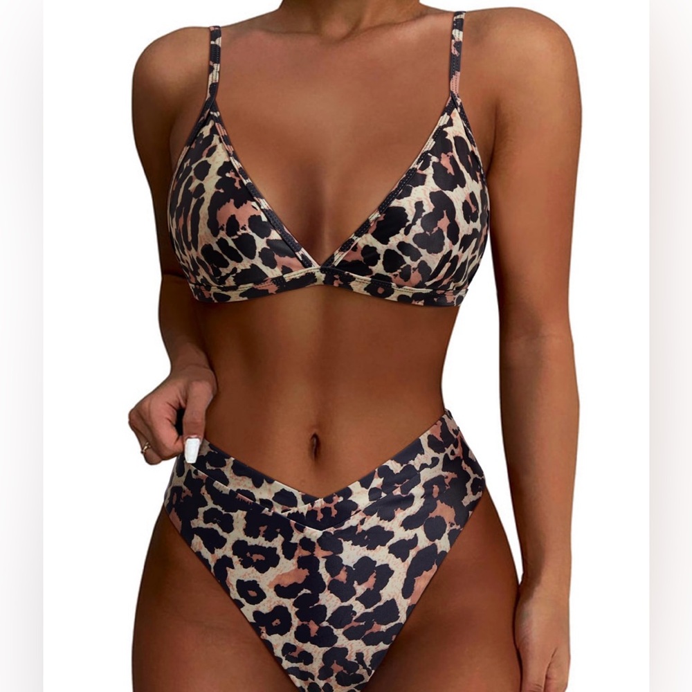 Leopard Print Bikini with Adjustable Ties in Brown and Black